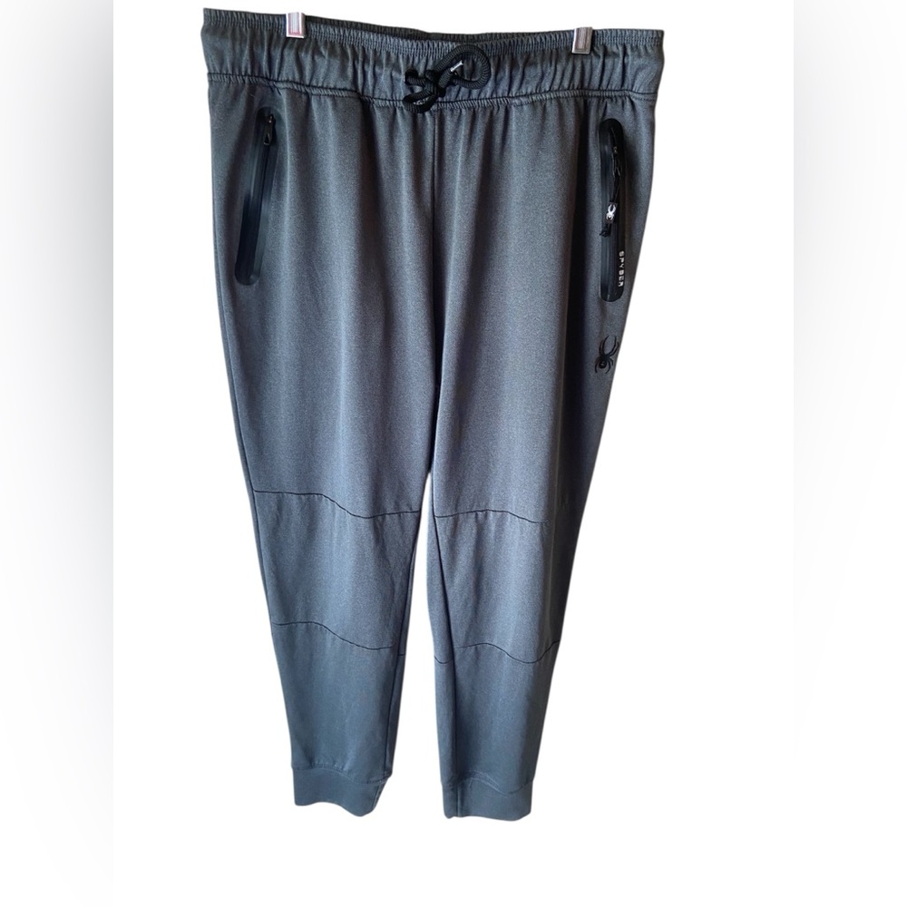 Men’s Spider track pants sz L dark grey, 96% polyester 4% spandex, elastic waist